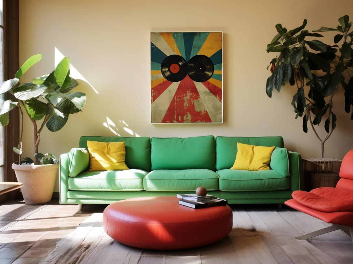 Two Vintage Vinyl Records On A Retro Red And Teal Sunburst Poster - Image 2