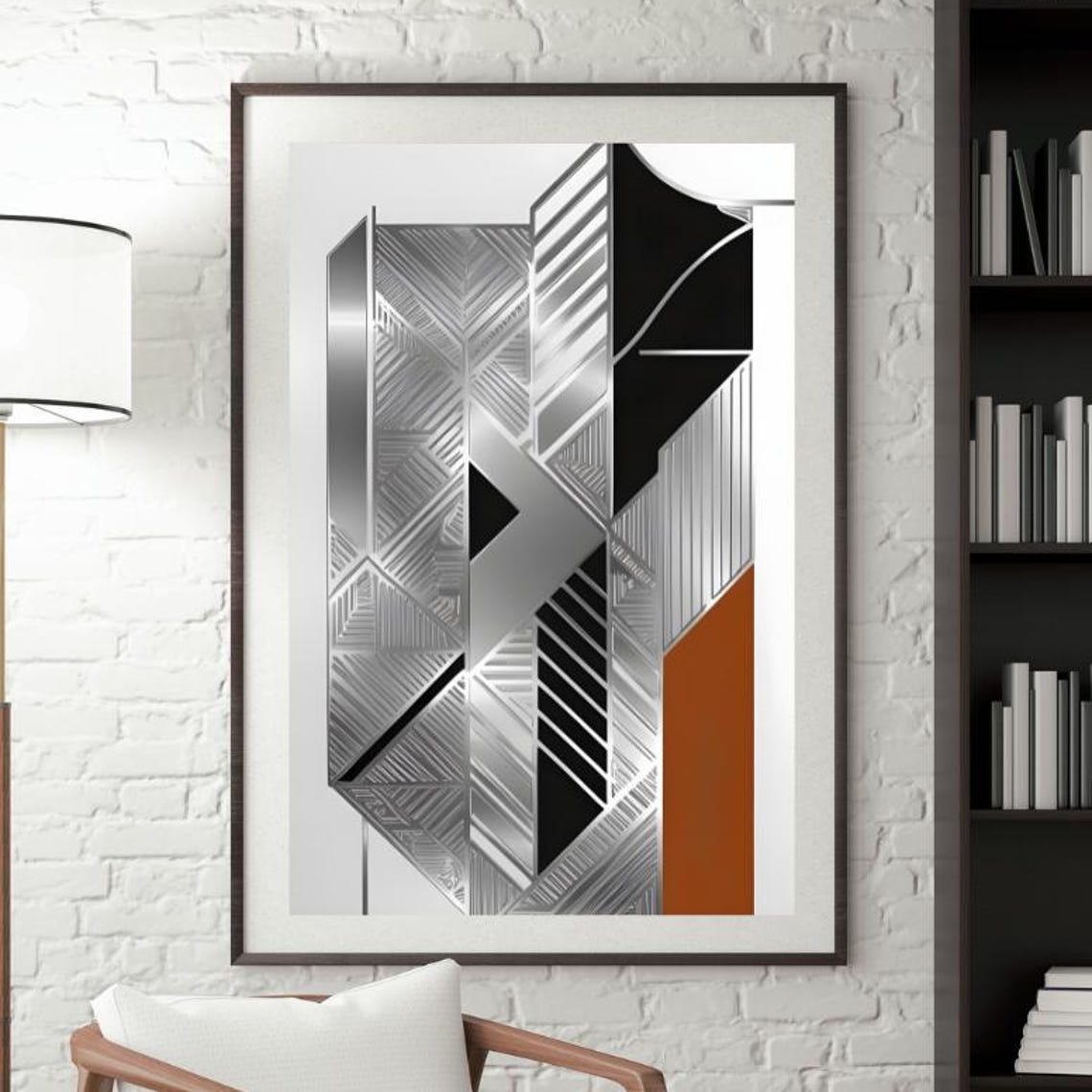 Black Silver Orange Art Deco Geometric Lines Abstract Poster