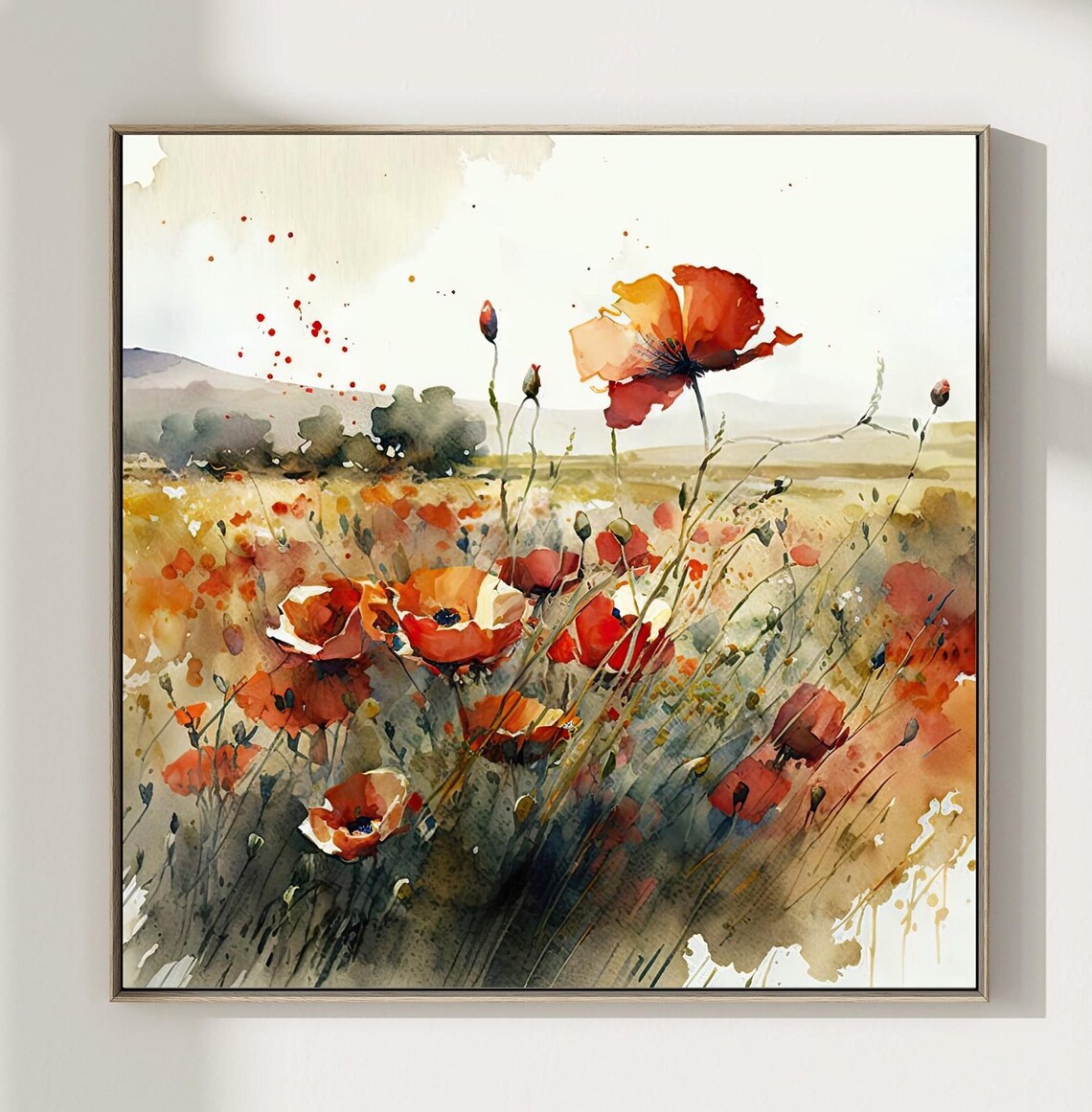 Poppy Field Watercolor Tuscany Landscape Art Print