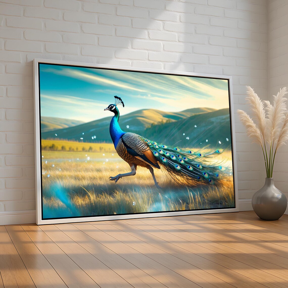 Peacock Striding Through Golden Meadow Misty Hills Wildlife Poster Art
