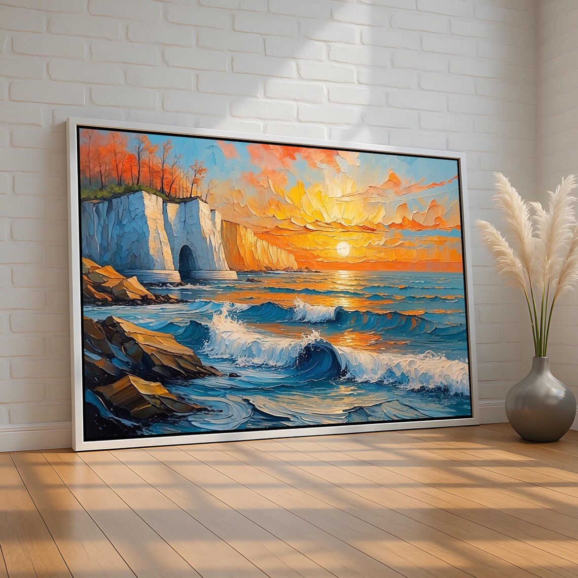 Sunset Over White Ocean Cliffs Vibrant Impasto Seascape Painting Poster