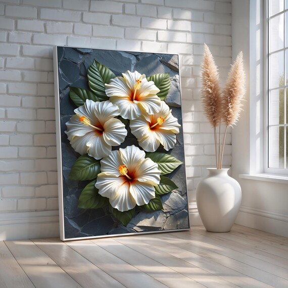 White Hibiscus Tropical Flower Stone 3D Effect Botanical Wall Art
