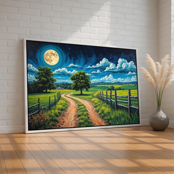 Country Road Under Full Moon Canvas Wall Art Serene Farm Landscape With Fences Stars And Trees Rural Night Sky Decor Ready To Hang
