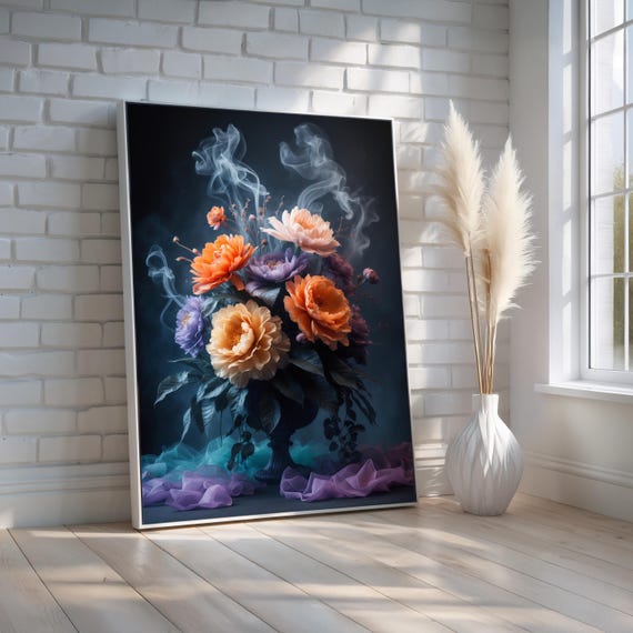 Ethereal Floral Bouquet Poster Dreamy Dark Botanical Still Life Wall Art Smoky Peony Flower Print For Elegant Decor Ready To Hang