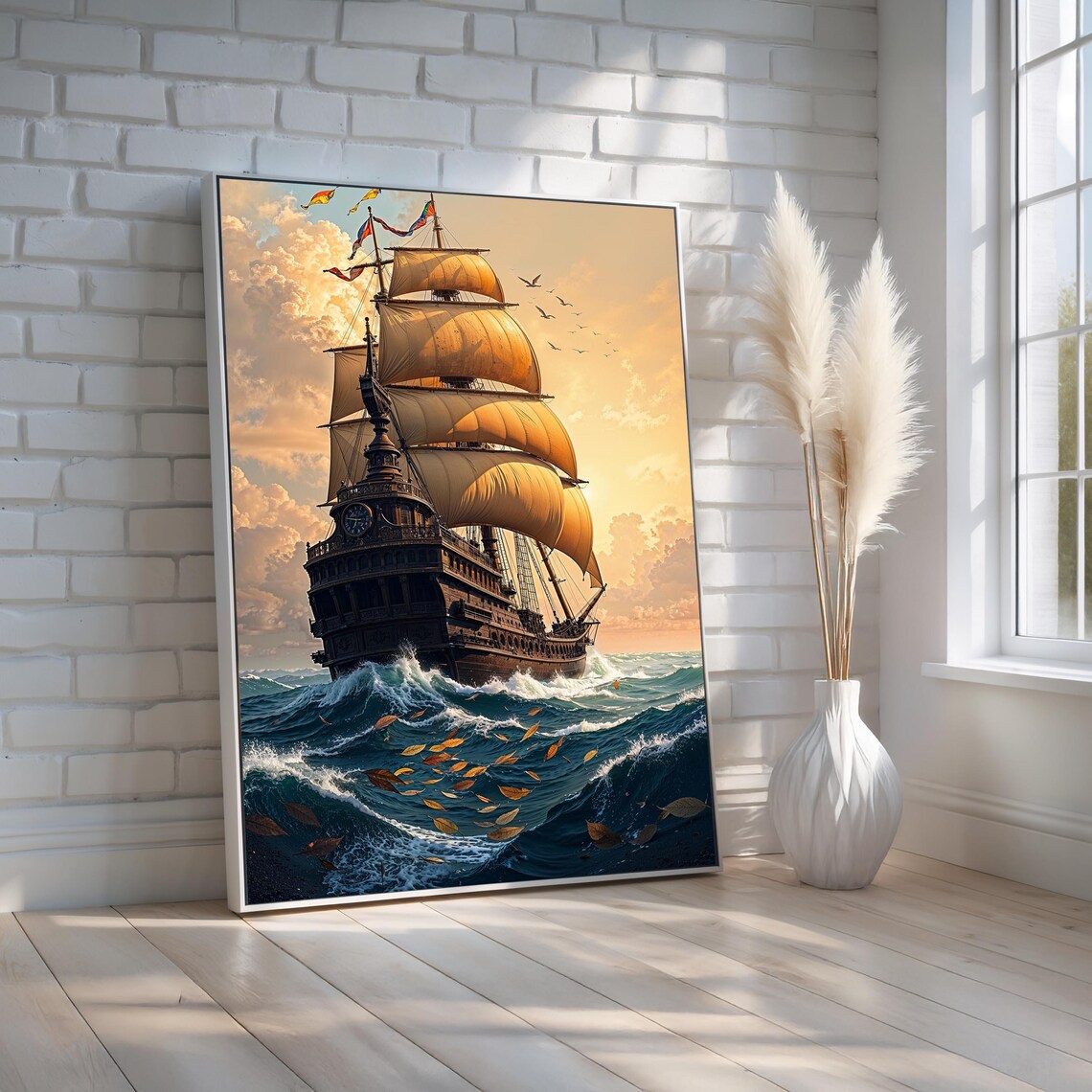 Historic Tall Ship at Sunset Golden Sails Ocean Waves Painting Wall Art