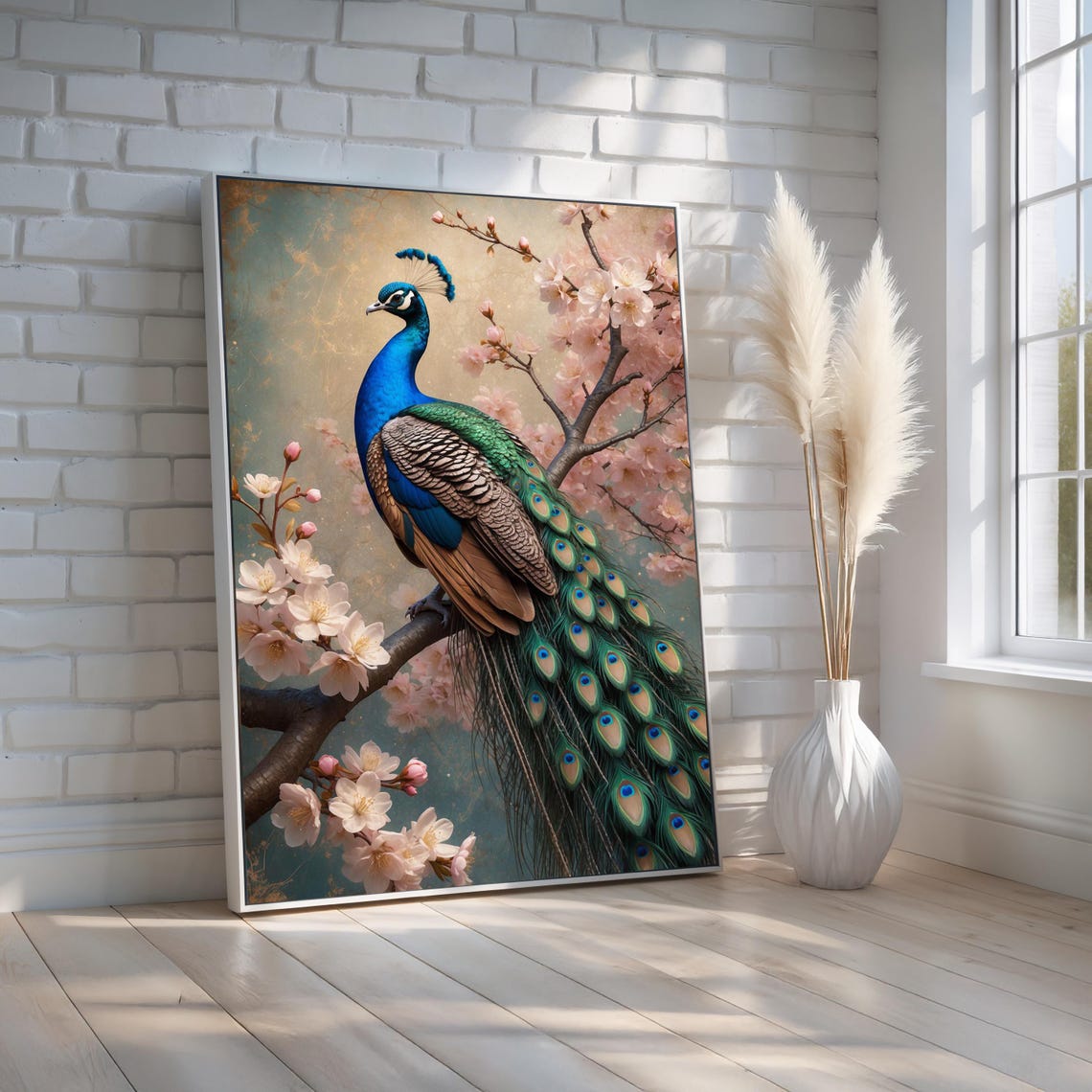 Peacock On Cherry Blossom Branch Elegant Bird Painting Poster