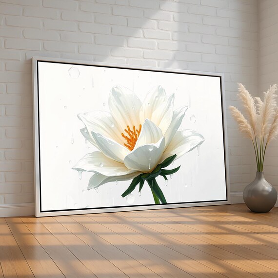 Minimalist White Flower Poster Elegant Botanical Artwork With Water Droplets