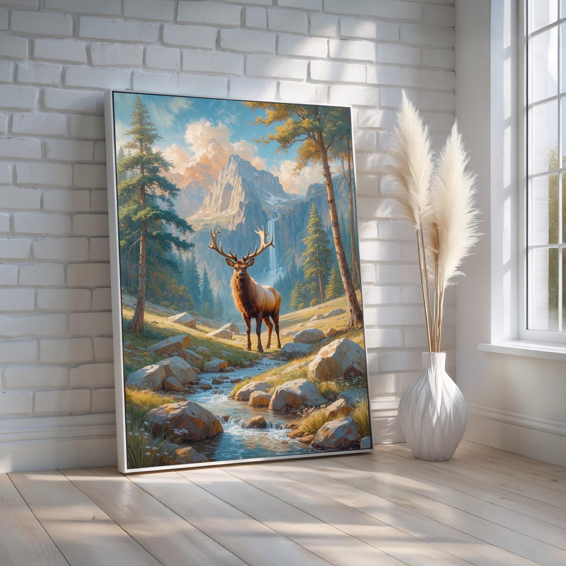 Majestic Elk Standing by Mountain Stream Alpine Valley Art Poster
