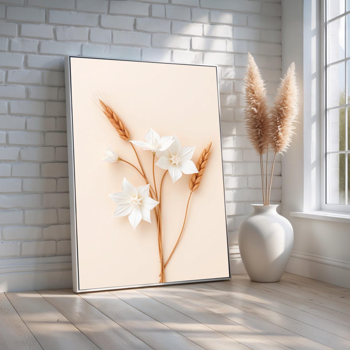 White Wildflowers Wheat Stems Minimalist Neutral Botanical Wall Art
