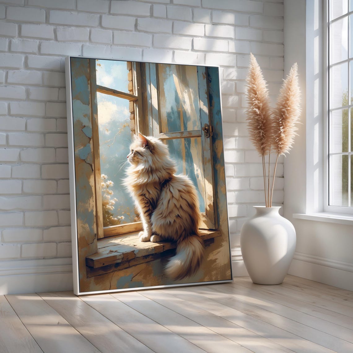 Fluffy Cat Sitting at Rustic Window Sunlit Cozy Painting Wall Art