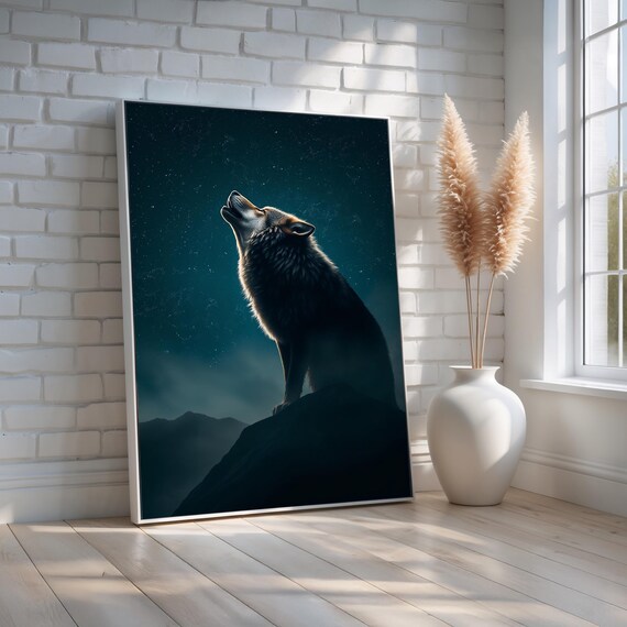 Howling Wolf Canvas Wall Art Majestic Lone Under Starry Night Sky Spiritual Animal Decor For Cabin Bedroom Or Gift Ready To Hang