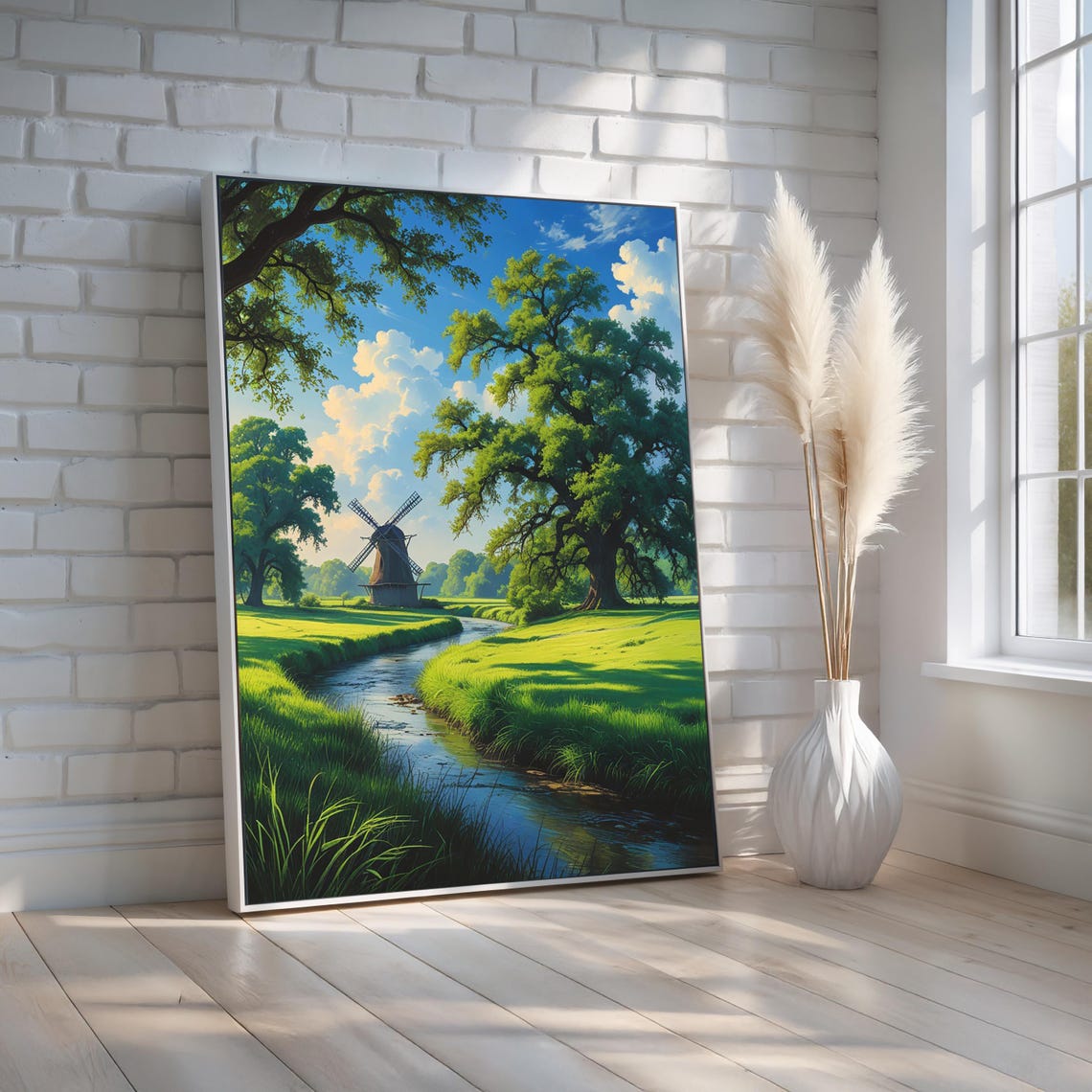 Old Windmill by the Stream Green Meadow Summer Landscape Poster