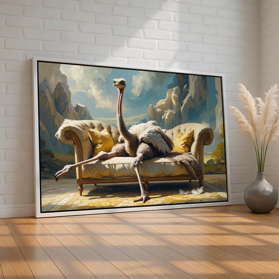 Funny Ostrich Wall Art Quirky Animal Portrait On Sofa Whimsical Canvas Poster For Living Room Office Or Gift Ready To Hang