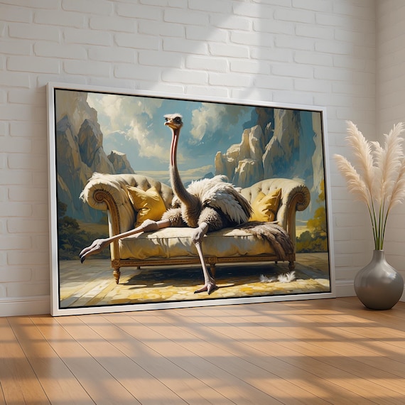 Ostrich Lounging on Velvet Sofa Whimsical Animal Art Wall Poster