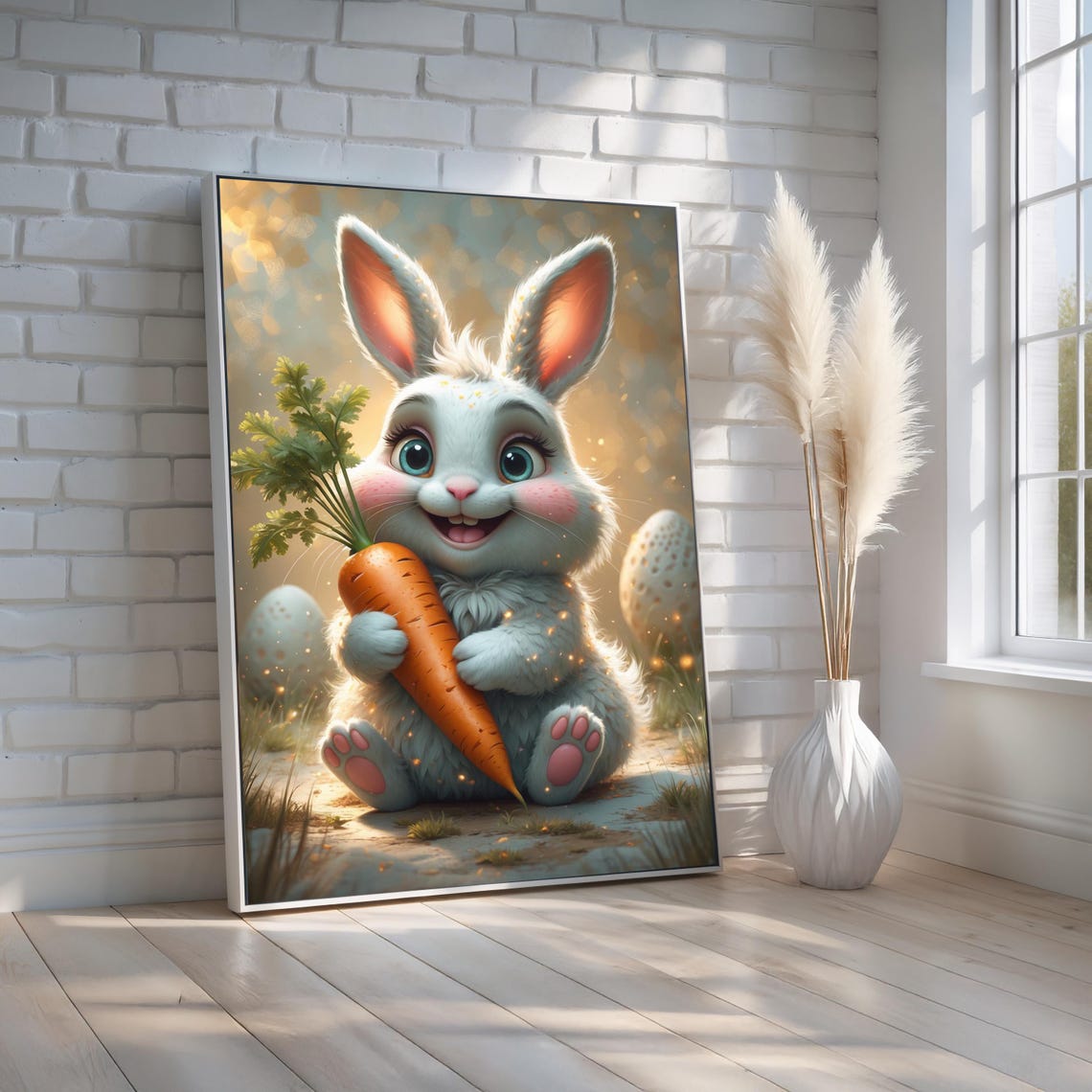 Cute Easter Bunny Canvas Poster Adorable Rabbit With Carrot Wall Art Spring Nursery Or Holiday Decor Ready To Hang Print