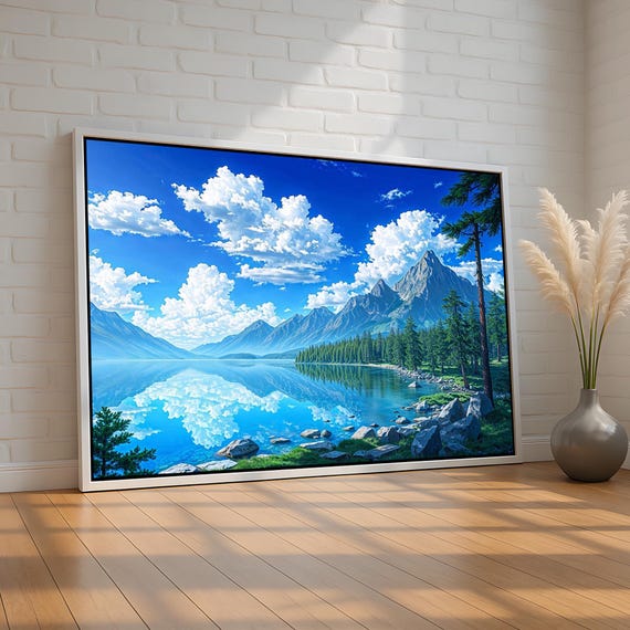 Mountain Lake Reflection Wall Art Peaceful Nature Landscape Canvas Print With Pine Trees Clouds Scenic Home Decor Ready To Hang