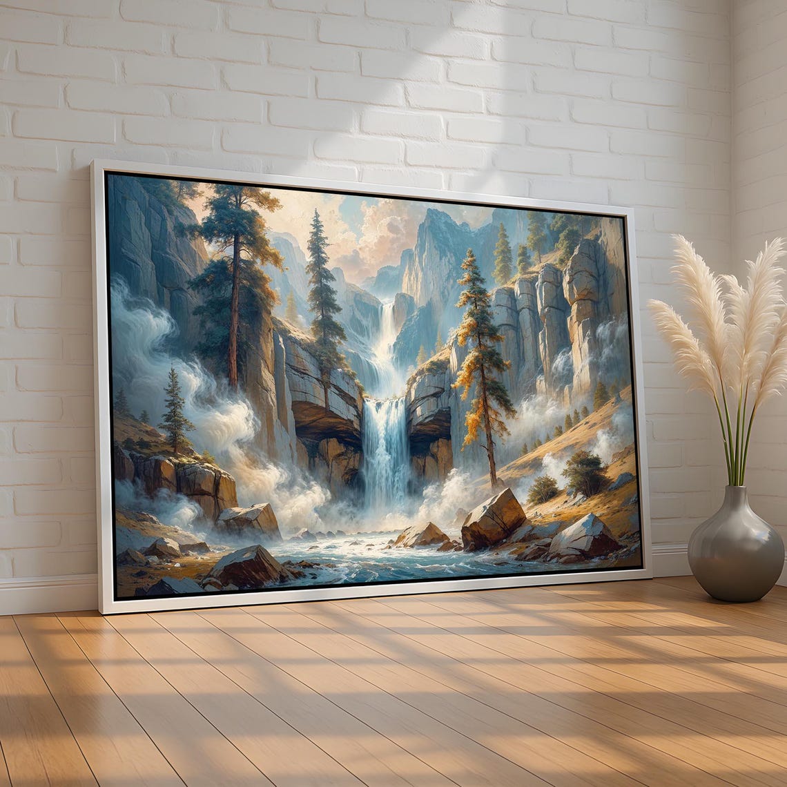 Mountain Waterfall Misty Canyon Pine Forest Scenic Landscape Print
