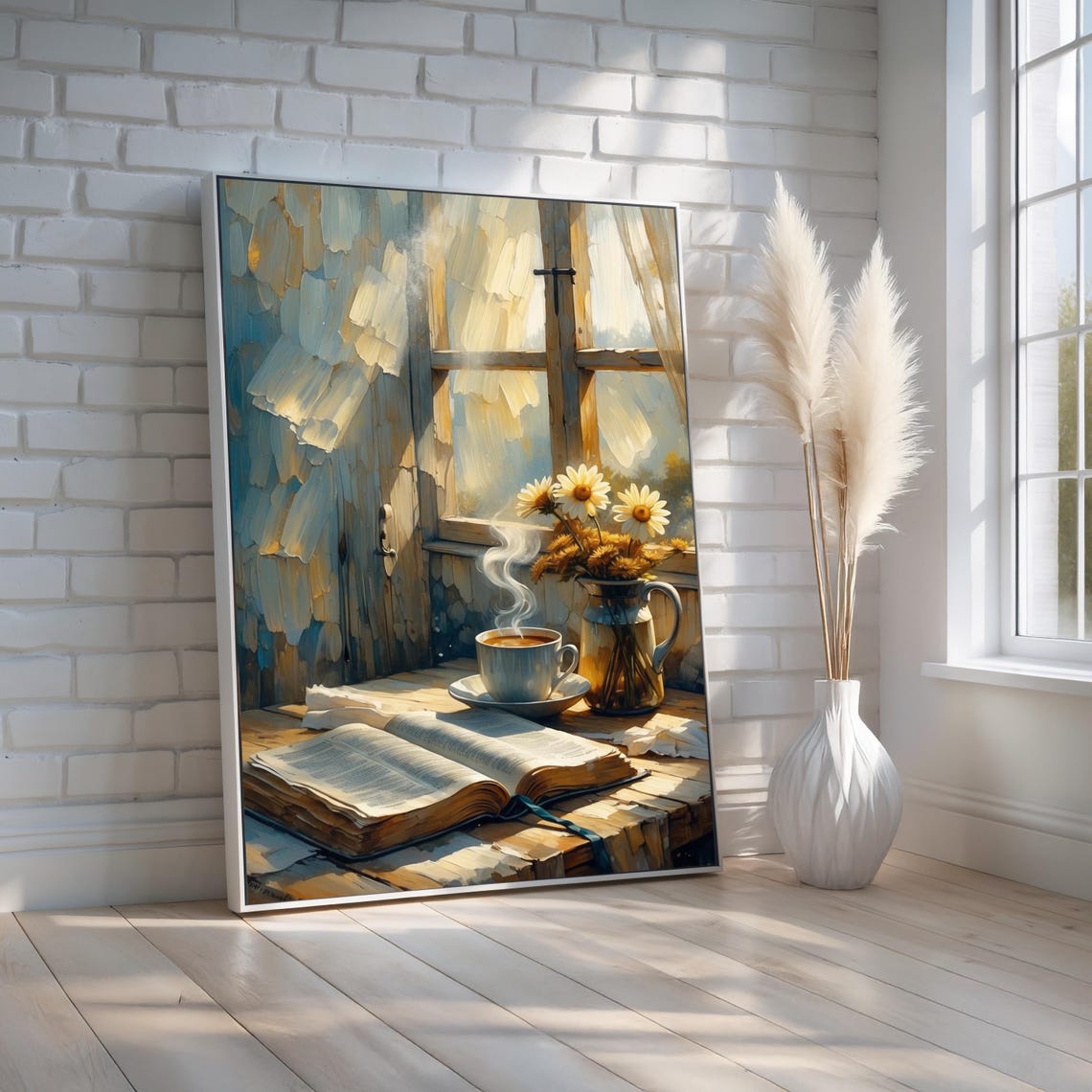 Cozy Coffee Book Window Still Life Daisies Warm Sunlight Wall Art
