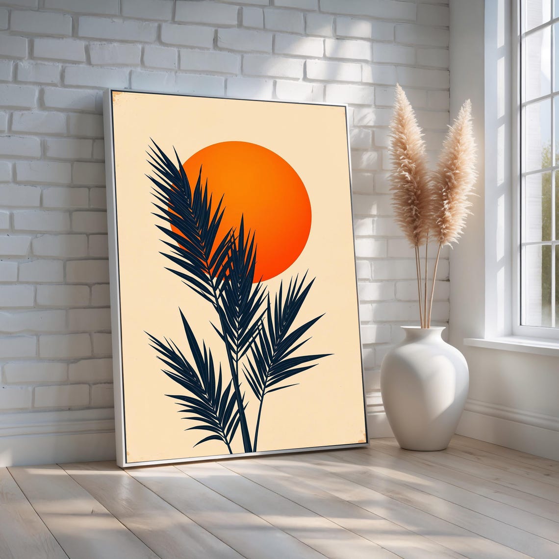 Minimalist Palm Leaf Orange Sunset Tropical Modern Botanical Poster