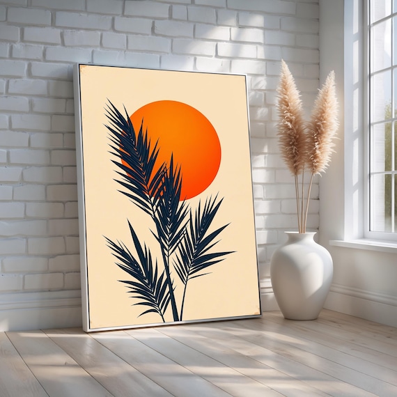 Minimalist Palm Leaf Orange Sunset Tropical Modern Botanical Poster