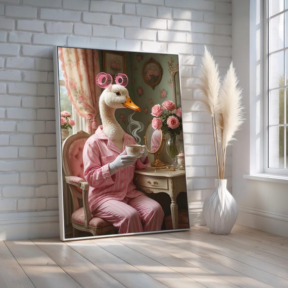 Funny Duck In Pajamas Canvas Vintage Glam Wall Art Whimsical Animal Portrait For Bathroom Vanity Or Gift Ready To Hang
