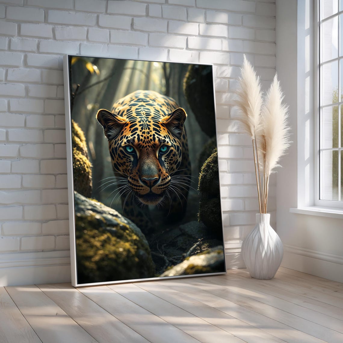 Leopard with Blue Eyes Prowling Jungle Dramatic Wildlife Art Poster