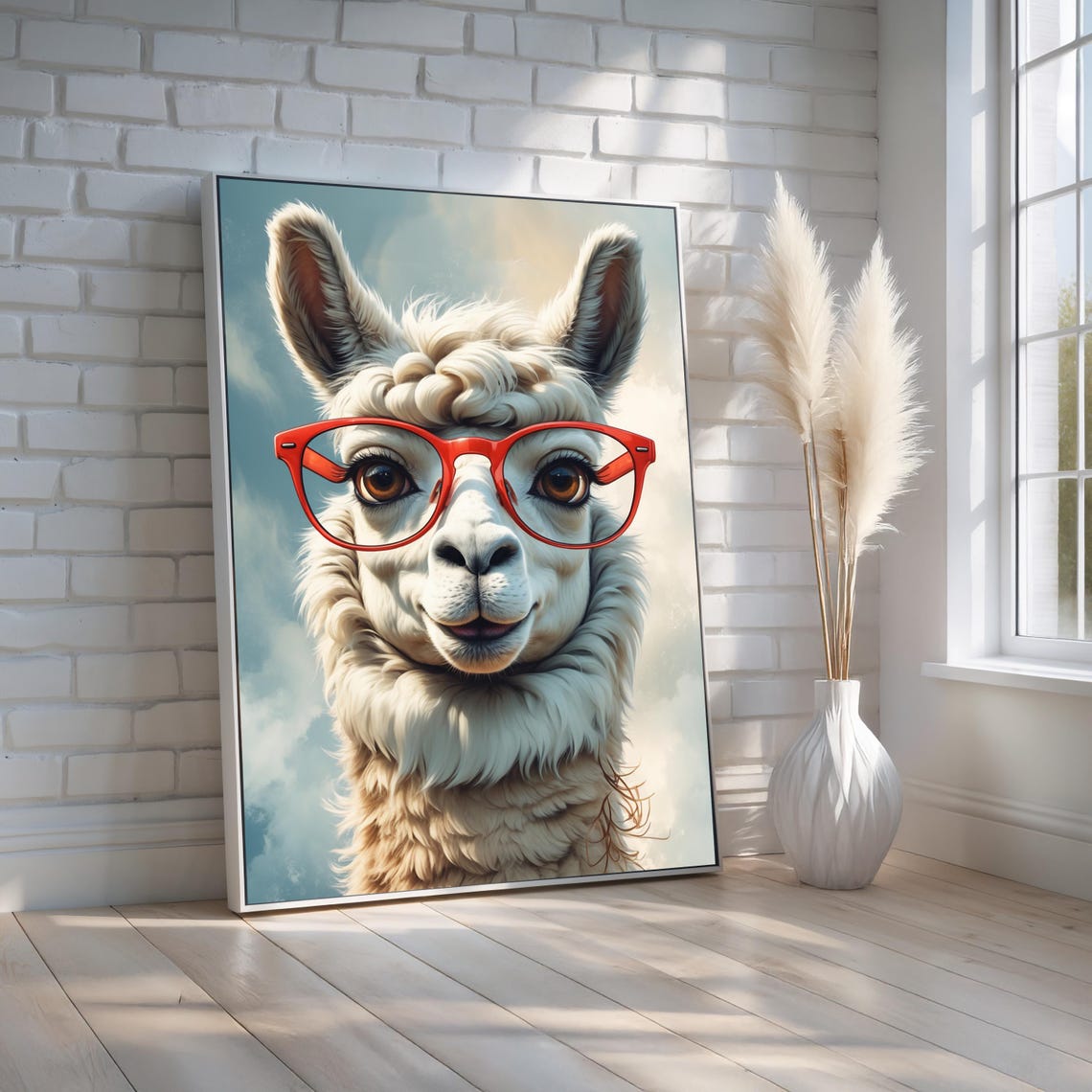 Funny Llama Wearing Red Glasses Quirky Animal Portrait Wall Art