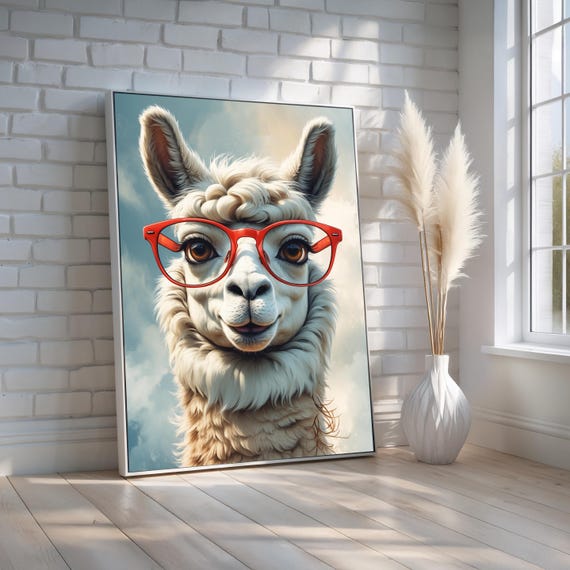 Funny Llama Portrait Poster Quirky Animal Wall Art With Glasses Cute Whimsical Alpaca Print For Kids Room Or Office Ready To Hang