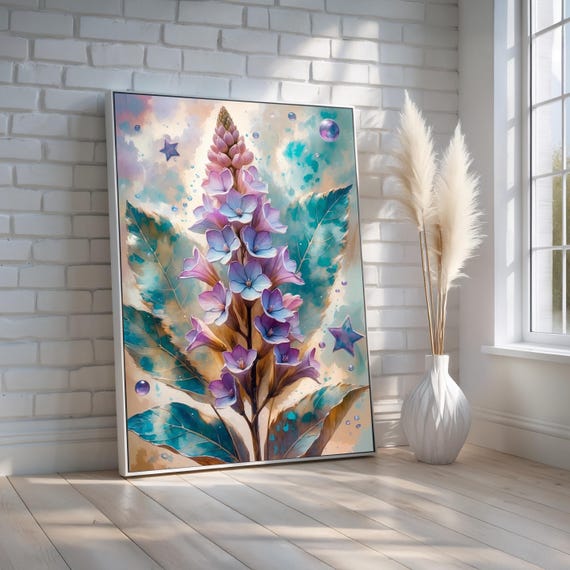 Purple Flower Wall Art Botanical Canvas Poster With Dreamy Cosmic Accents Floral Artwork For Living Room Bedroom Or Gift Ready To Hang