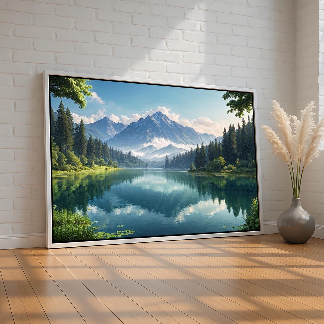 Mountain Lake Landscape Art Print, Pine Forest Reflection