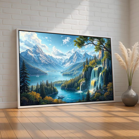 Majestic Mountain Lake Waterfall Poster Scenic Nature Landscape Wall Art Serene Forest River View For Cabin Or Office Ready To Hang