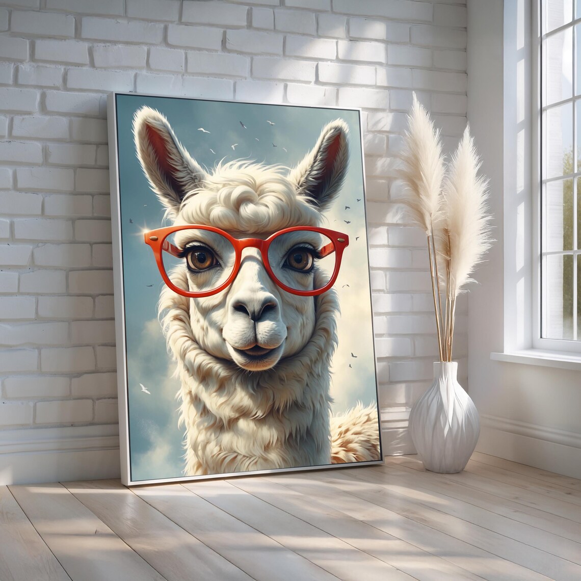 Llama Wearing Red Glasses Funny Animal Portrait Whimsical Poster Art