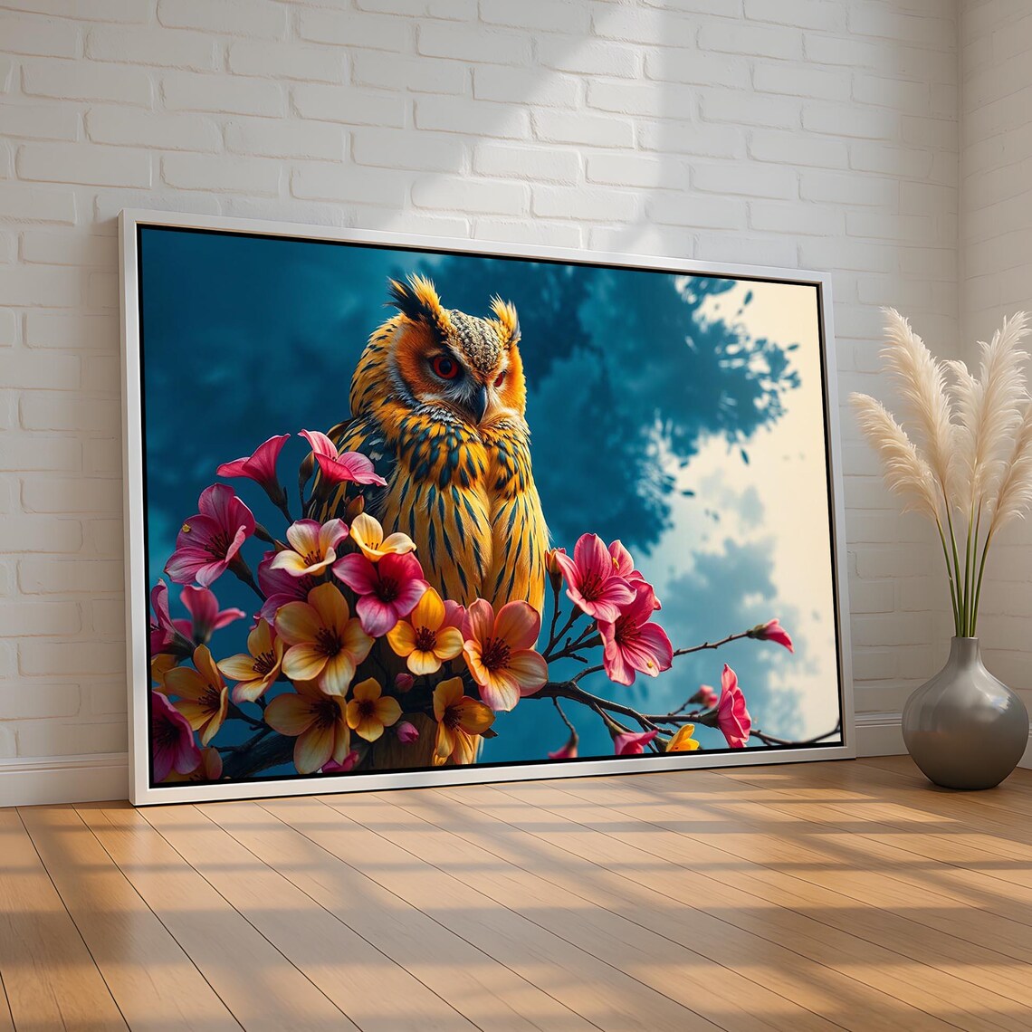 Colorful Owl Among Pink Blossoms Vibrant Mystical Bird Art Poster
