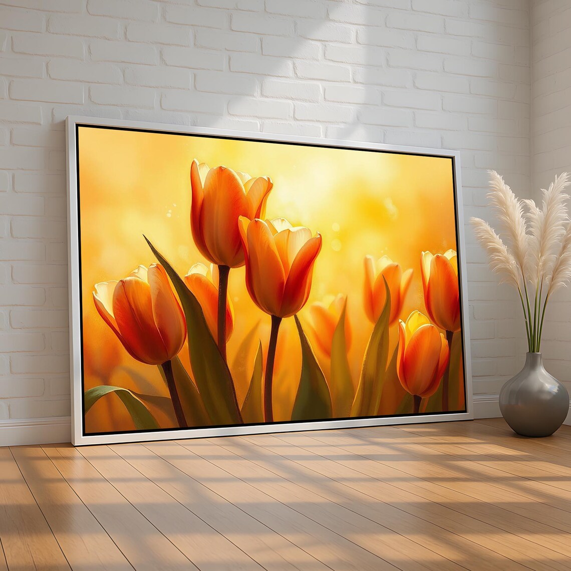 Sunlit Orange Tulips Golden Glow Warm Floral Painting Wall Art