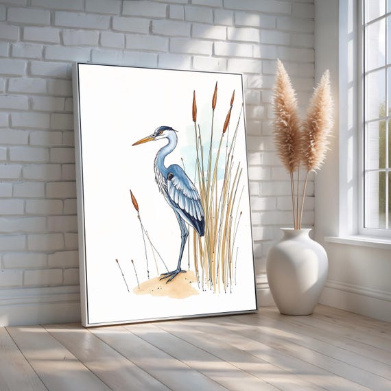 Blue Heron Wall Art Watercolor Marsh Bird Illustration Coastal Wildlife Decor For Nature Lovers Elegant Print Ready To Hang