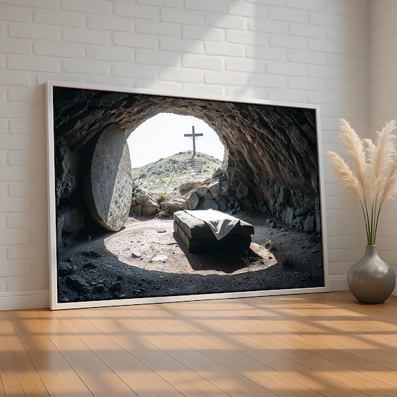 Empty Tomb Stone Rolled Away Cross On Hill Easter Morning Poster