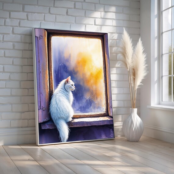 White Cat on Windowsill Golden Sunset Window Art Painting Poster