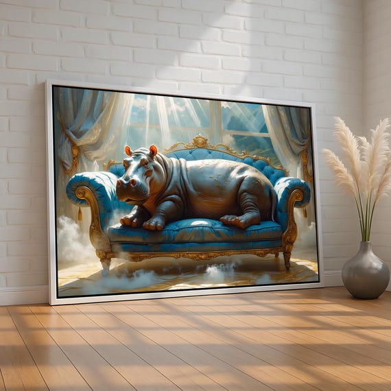 Royal Hippo Wall Art Whimsical Animal Canvas Or Poster Fantasy On Blue Couch For Eclectic Home Funny Gallery Decor Ready To Hang