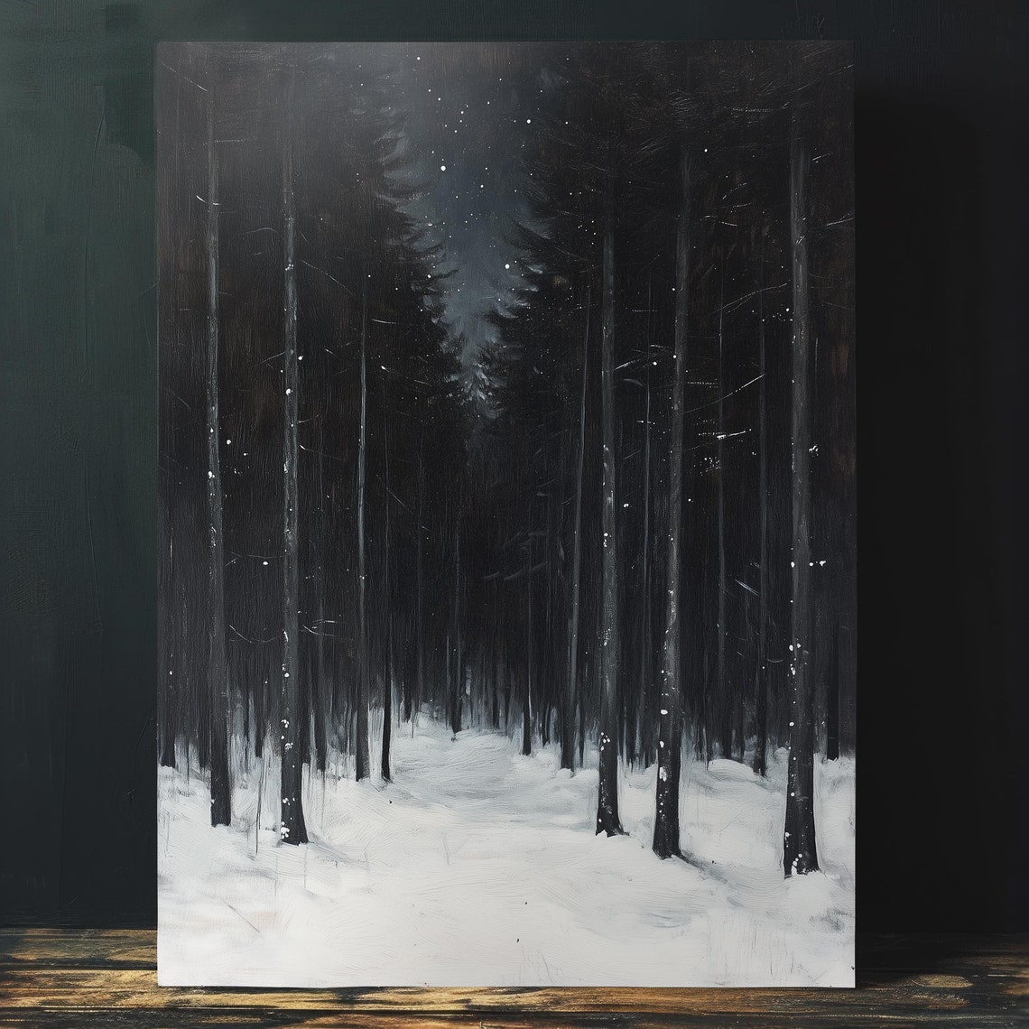 Snowy Night Forest Tall Pines Starlit Winter Landscape Painting Poster