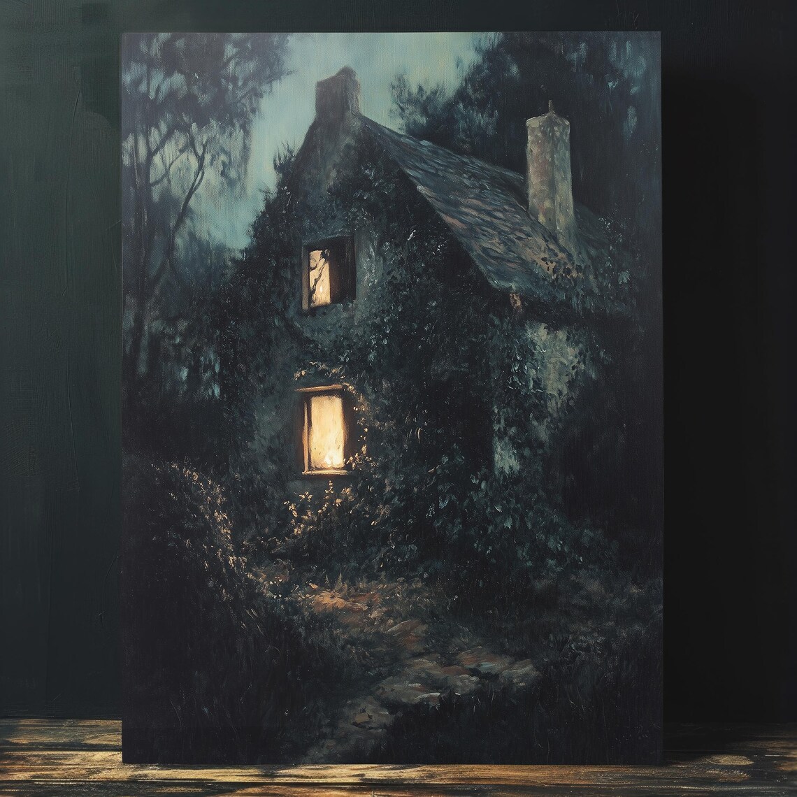 Ivy Covered Cottage at Night Glowing Windows Moody Painting Poster