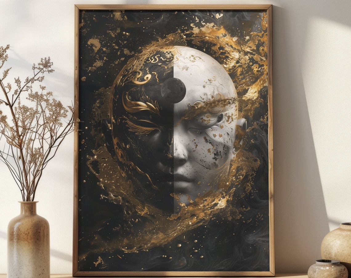 Yin Yang Split Face Gold Mask Black White Elegant Art Poster