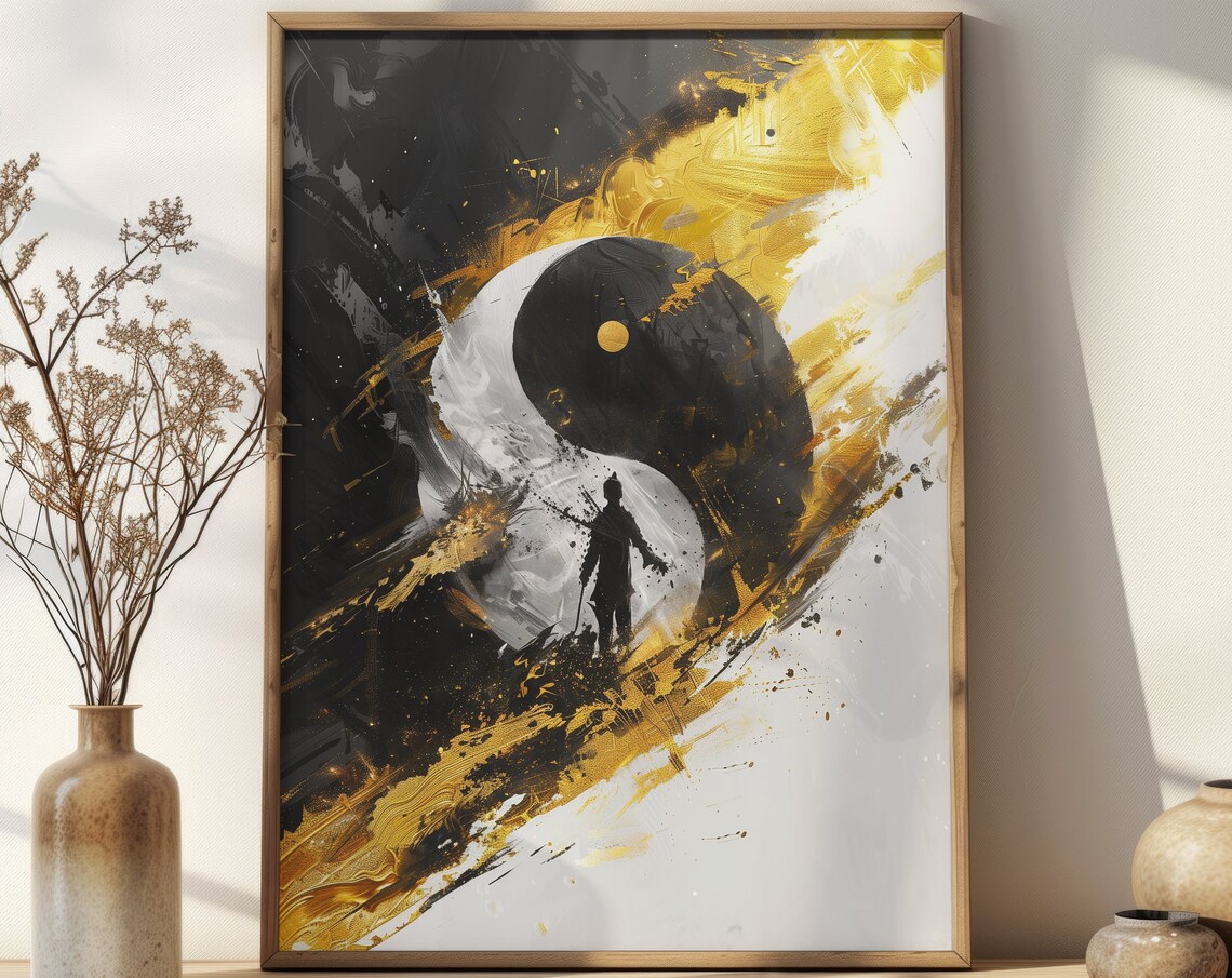 Yin Yang Gold Brushstroke Warrior Silhouette Abstract Art Poster