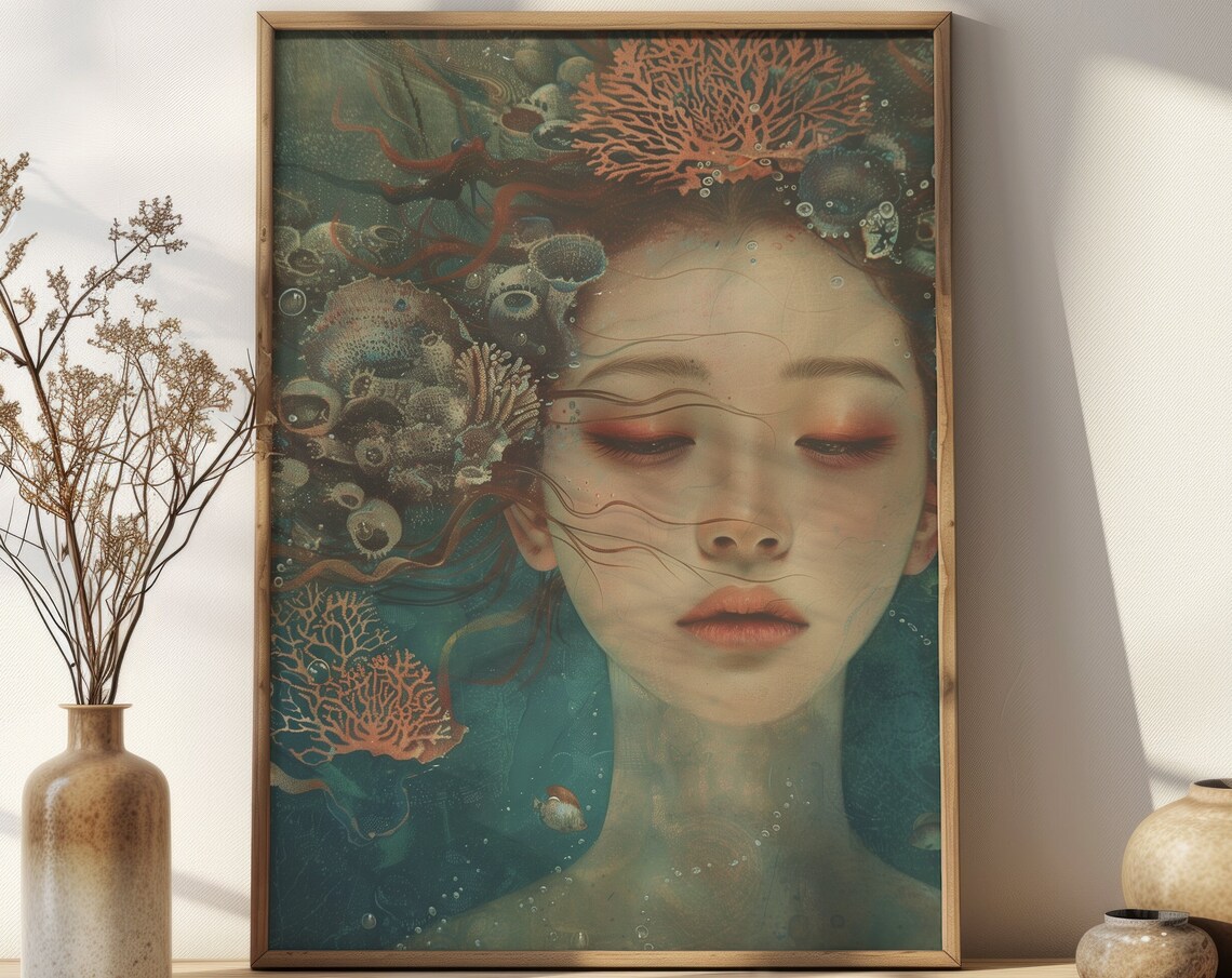 Underwater Woman With Coral Reef Surreal Ocean Fantasy Art Poster