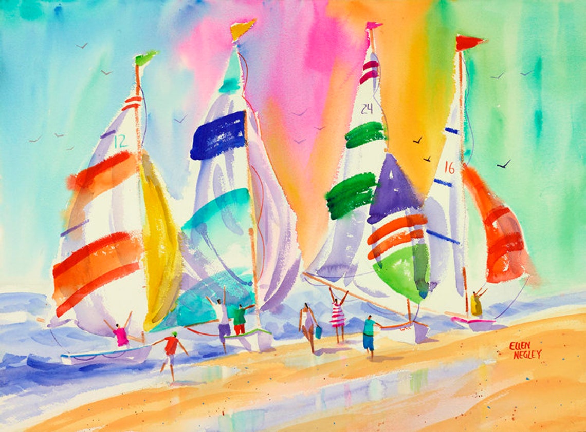 Joyful Colorful Sailboats Racing at the Beach Watercolor Poster