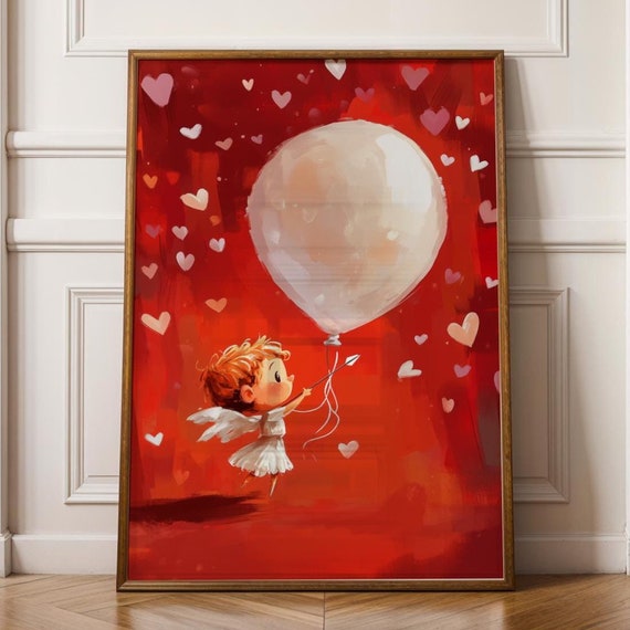Valentines Day Angel Wall Art Red And White Heart Balloon Decor Cute Valentine Wall Art Valentines Day Nursery Decor Print