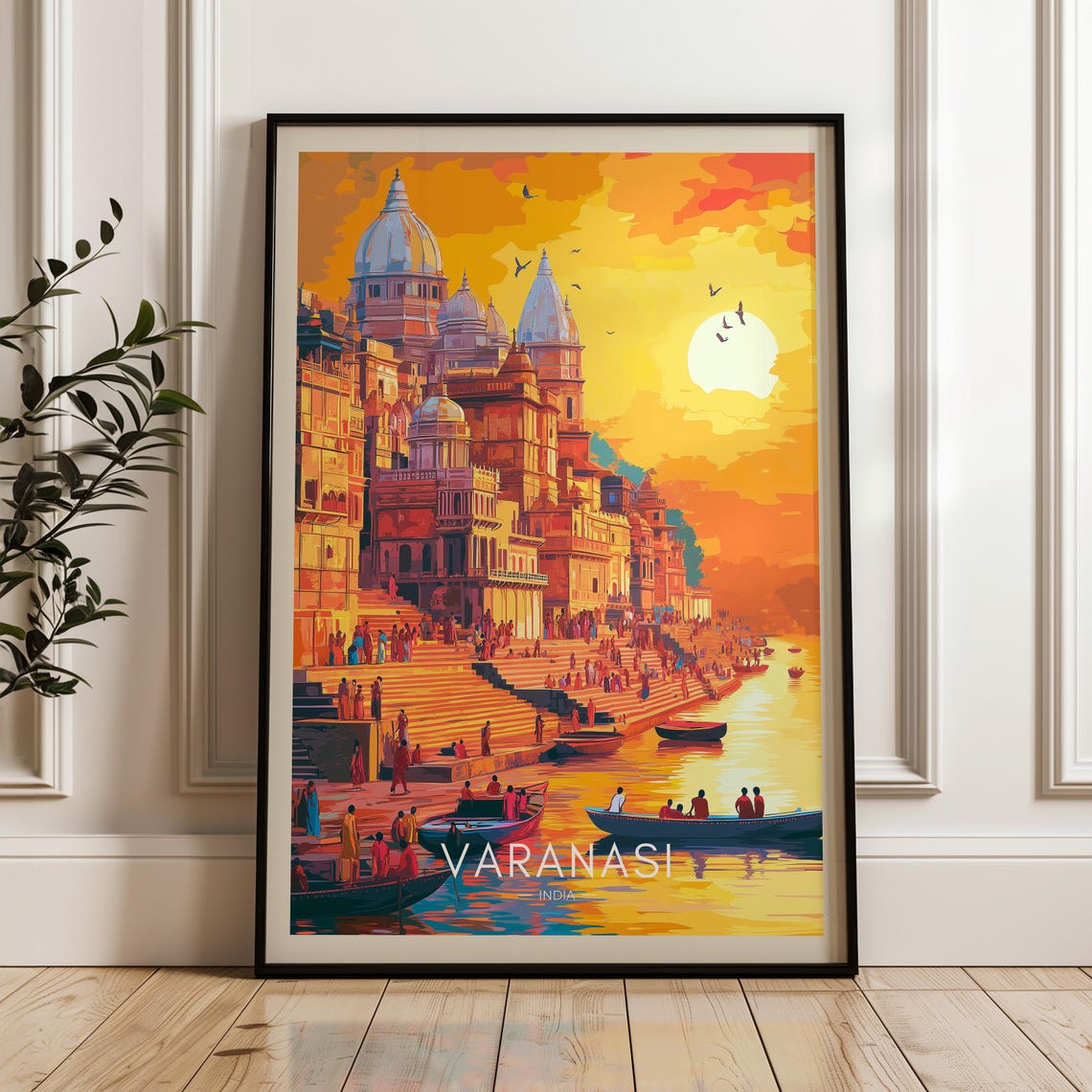Varanasi India Ganges River Ghats Temples Sunset Boats Travel Poster