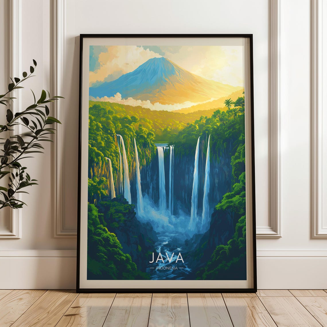 Java Indonesia Golden Waterfall Under Volcano Scenic Travel Poster