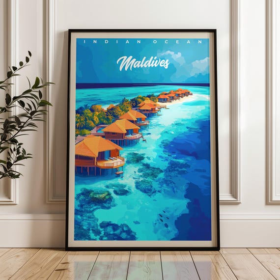Maldives Travel Poster, Indian Ocean Seascape