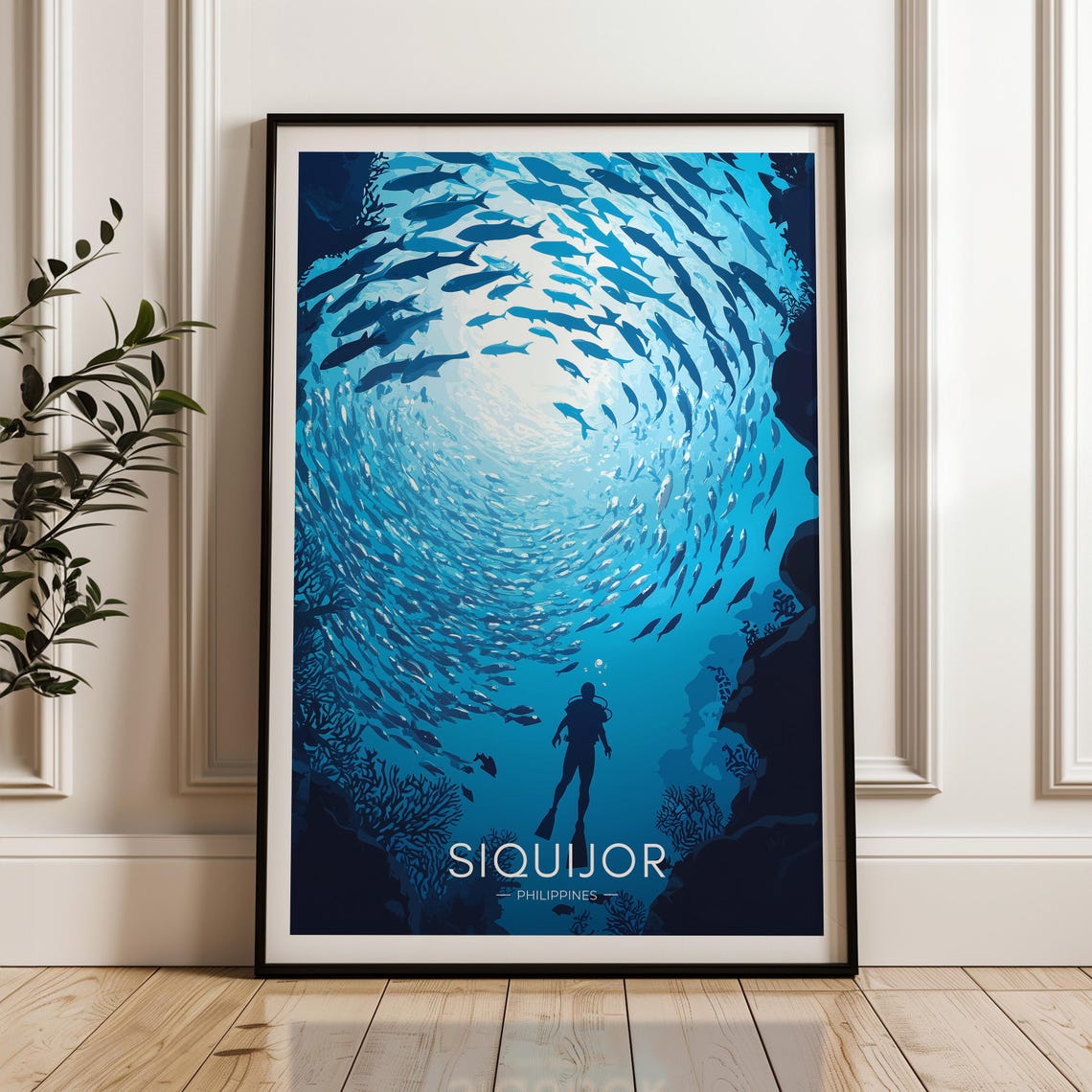 Siquijor Philippines Scuba Diver Swirling Fish School Diving Poster