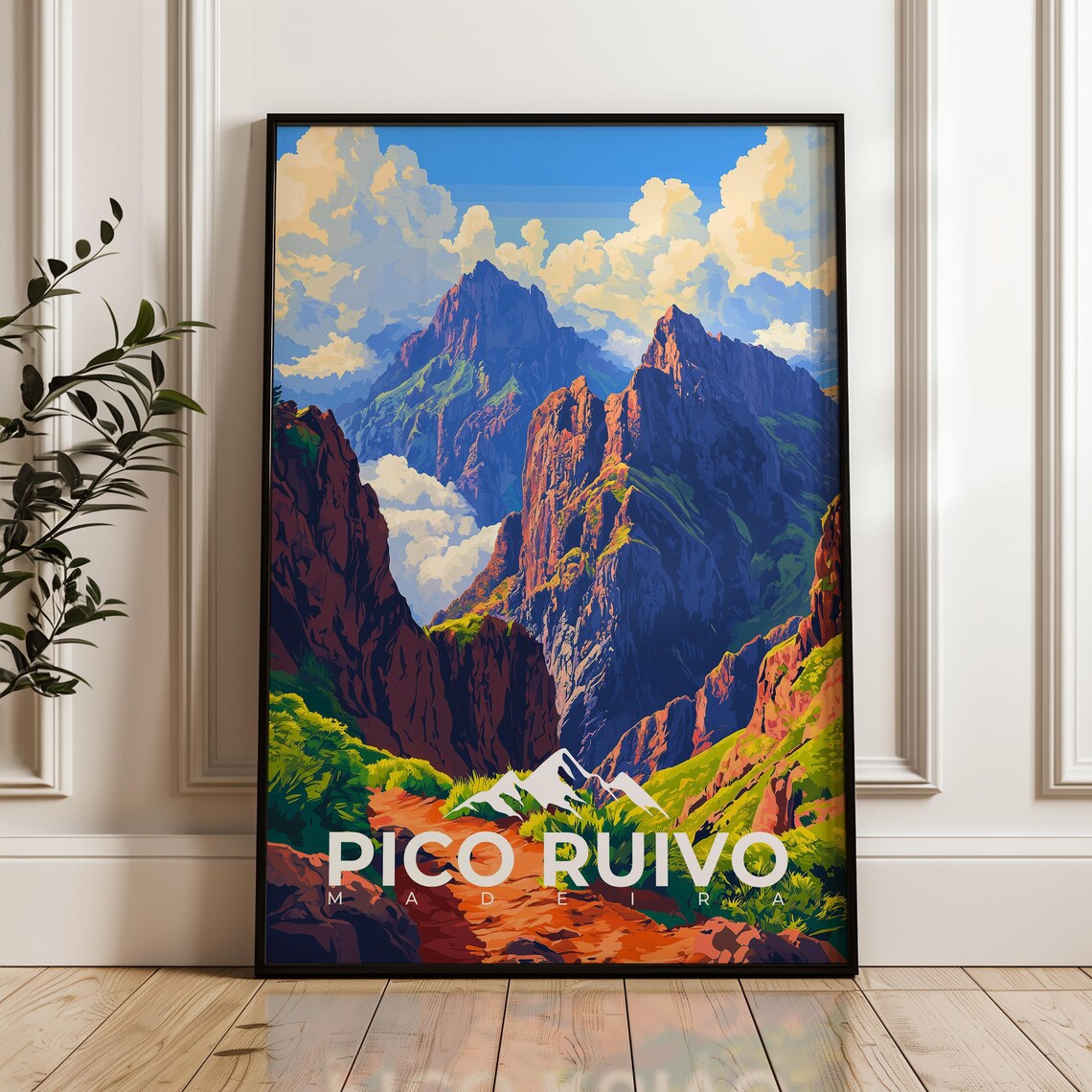 Pico Ruivo Travel Poster, Portugal Hiking Illustration